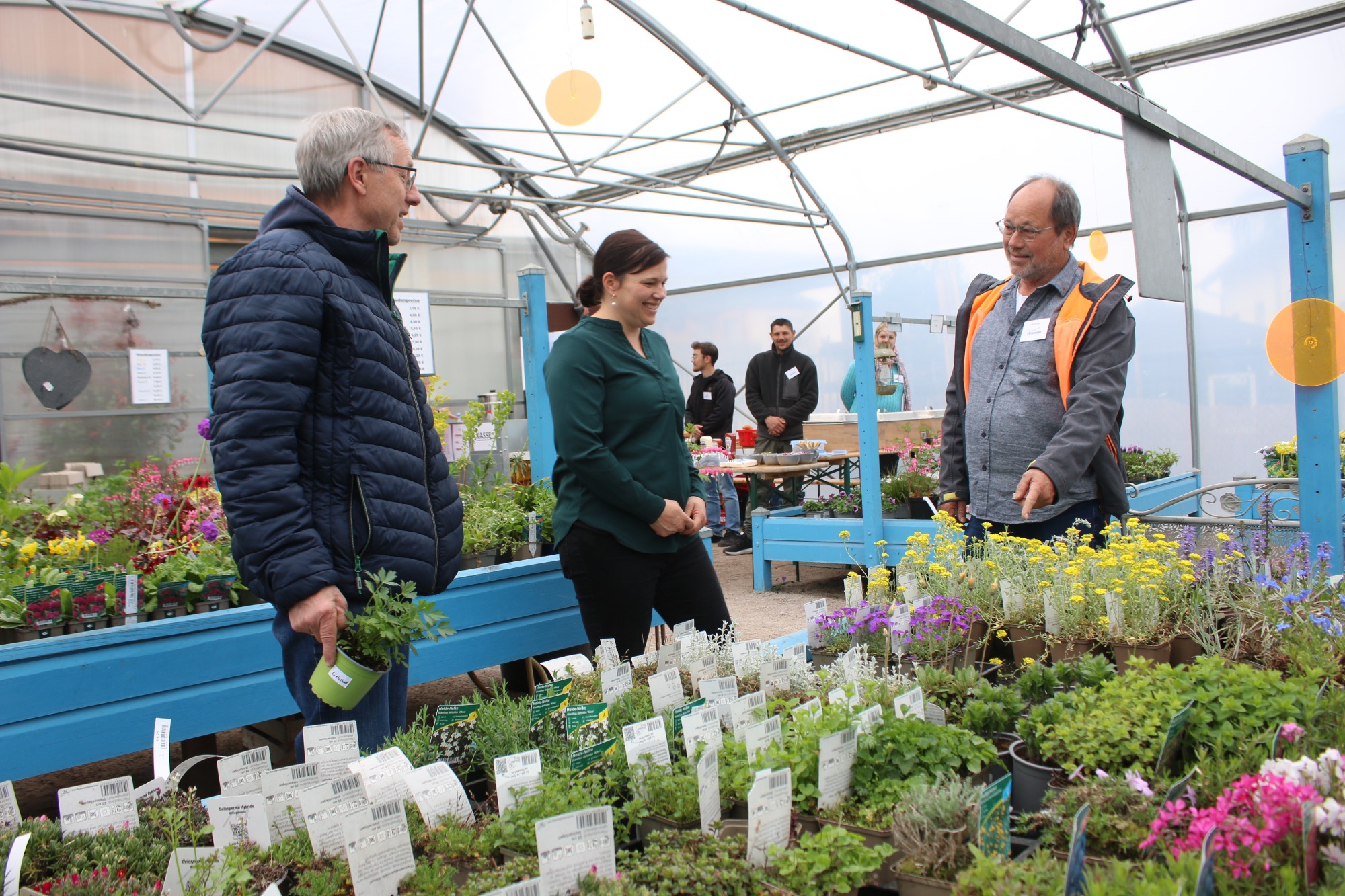 Drei Personen sprechen in einem Gewächshaus umgeben von verschiedenen Pflanzen.