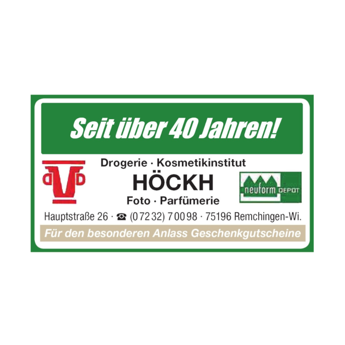 Logo der Drogerie Höckh mit Kontaktdaten und dem Slogan „Seit über 40 Jahren!“.